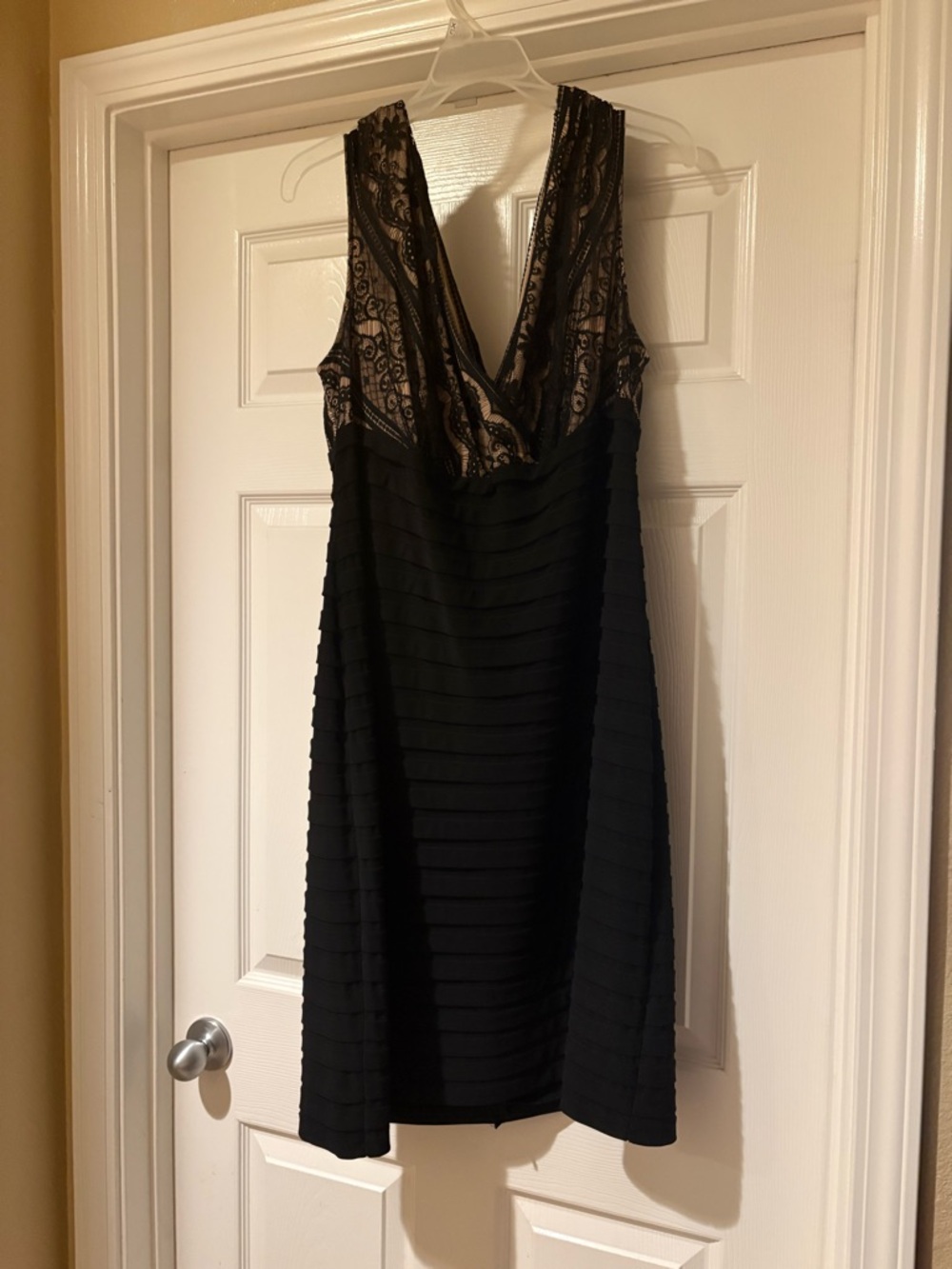 Adrianna Papell Black Lace V-Neck Dress with Nude Lining